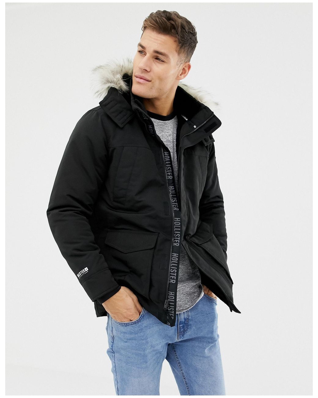 Hollister All Weather Faux Fur Trim & Lining Hooded Parka in Black