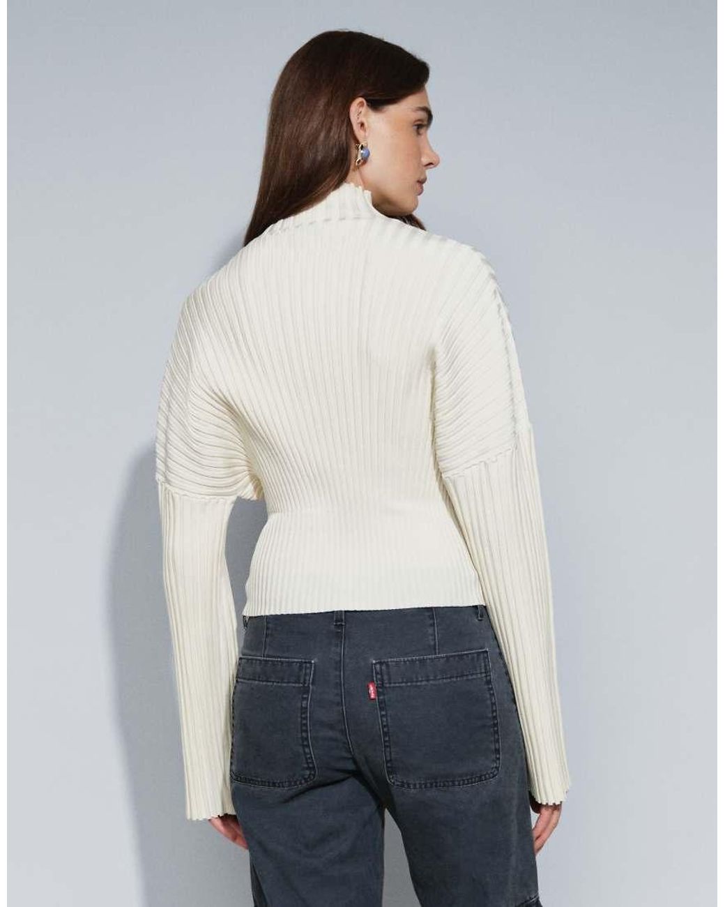 & Other Stories White Plisse Knitted Funnel Neck Jumper With Batwing Sleeves
