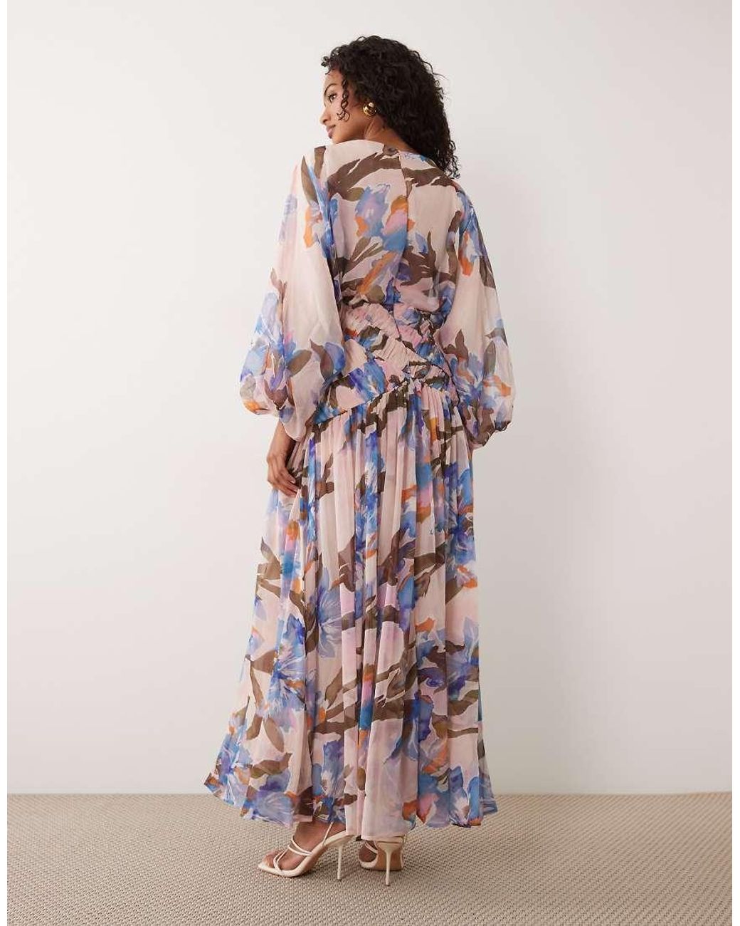 ASOS Pink Long Sleeve Blouson Maxi Dress With Gauged Ruched Waist Detail