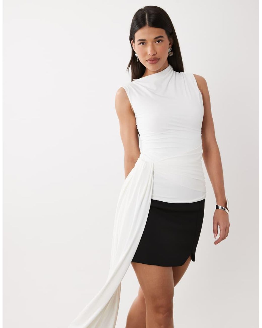 Bardot White Jordan Longline High Neck Top With Tie Waist