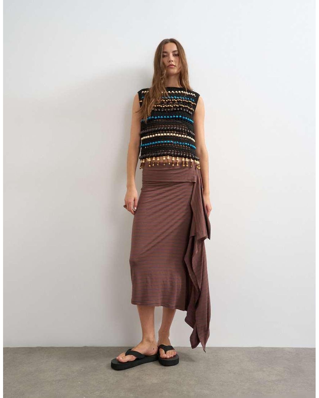 TOPSHOP Brown Stripe Draped Midi Skirt