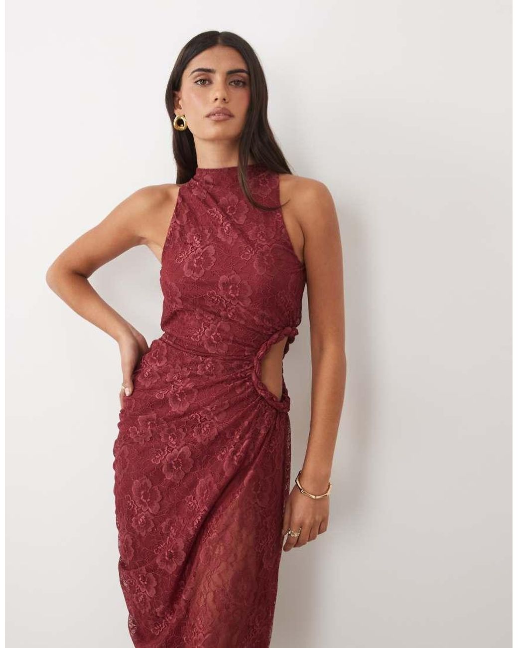 ASOS Red Lace Maxi Dress With Ruched Cut Out Detail