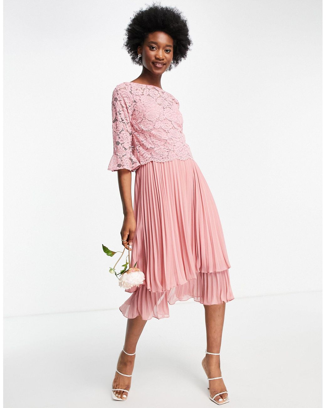 Oasis Bridesmaid Tiered Midi Dress With Flute Sleeve in Pink | Lyst UK