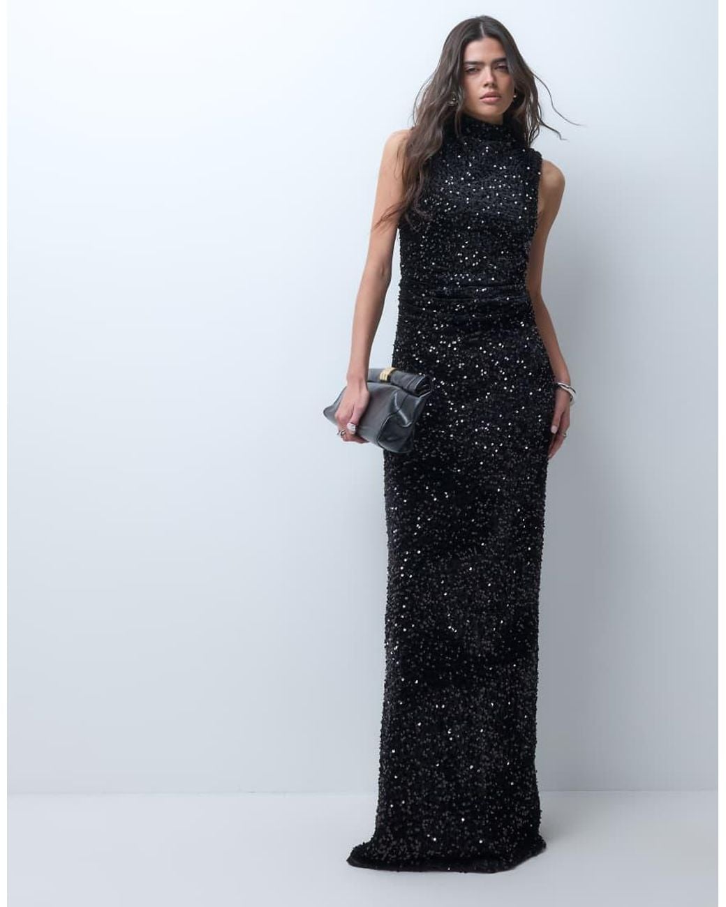 ASOS Blue Velvet Sequin Shoulder Pad Mesh Maxi Dress