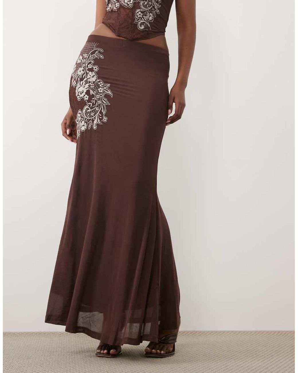 ASOS Brown Co-ord Mesh Embroidered Maxi Skirt