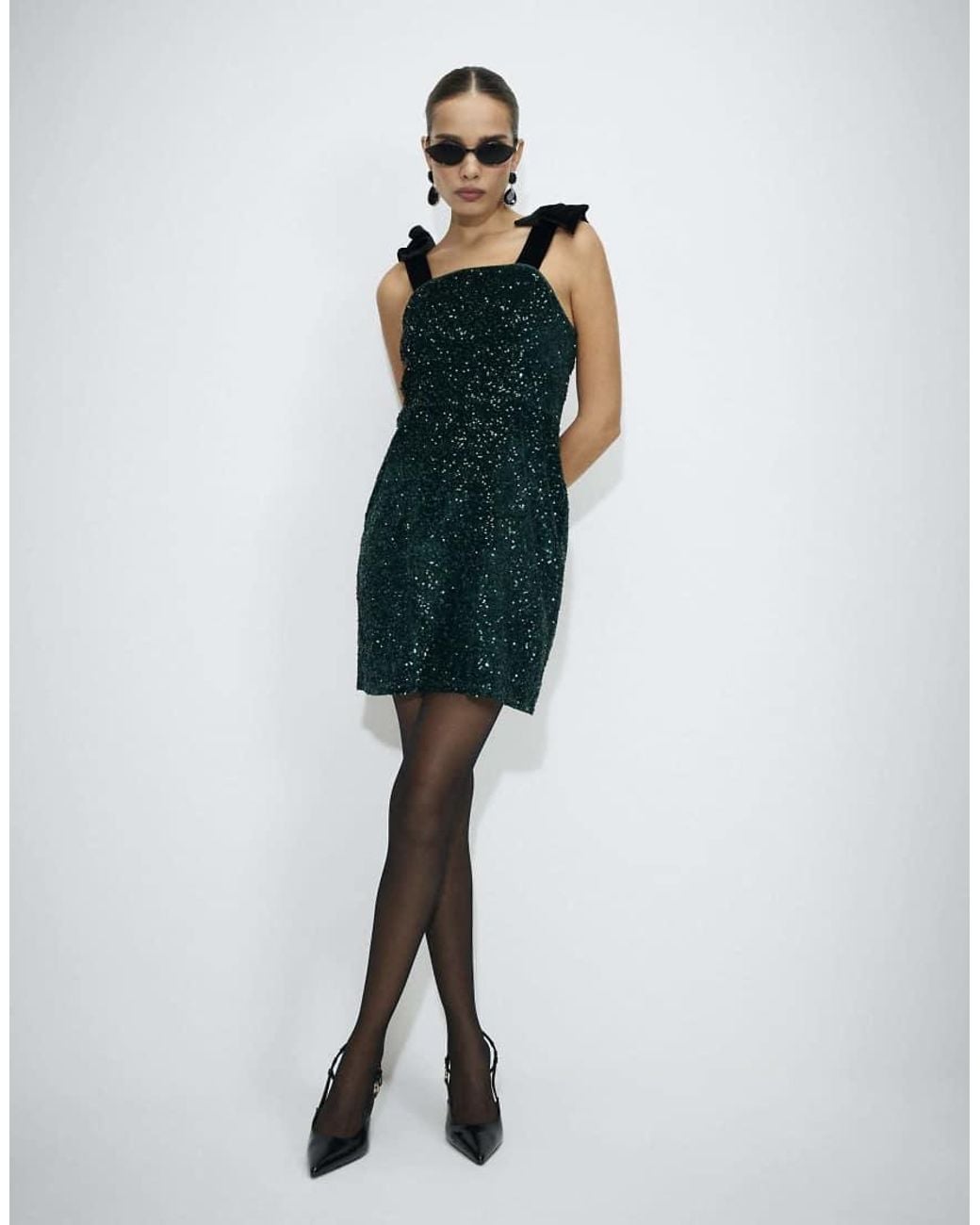 River Island Green Velvet Sequin Bow Strap Mini Dress