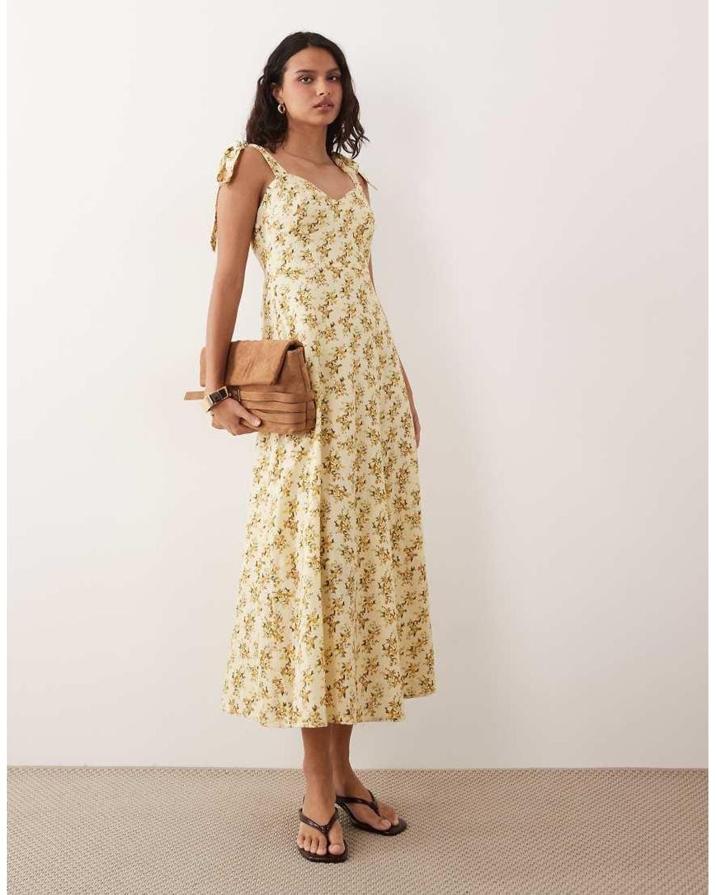 Y.A.S Natural Tie Shoulder Ditsy Floral Print Maxi Dress