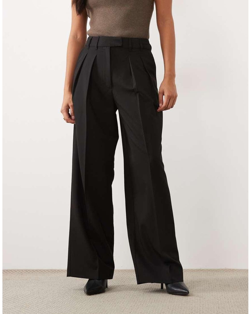 ASOS Black Petite Tailored Wide Leg Pants With Pleat Detail