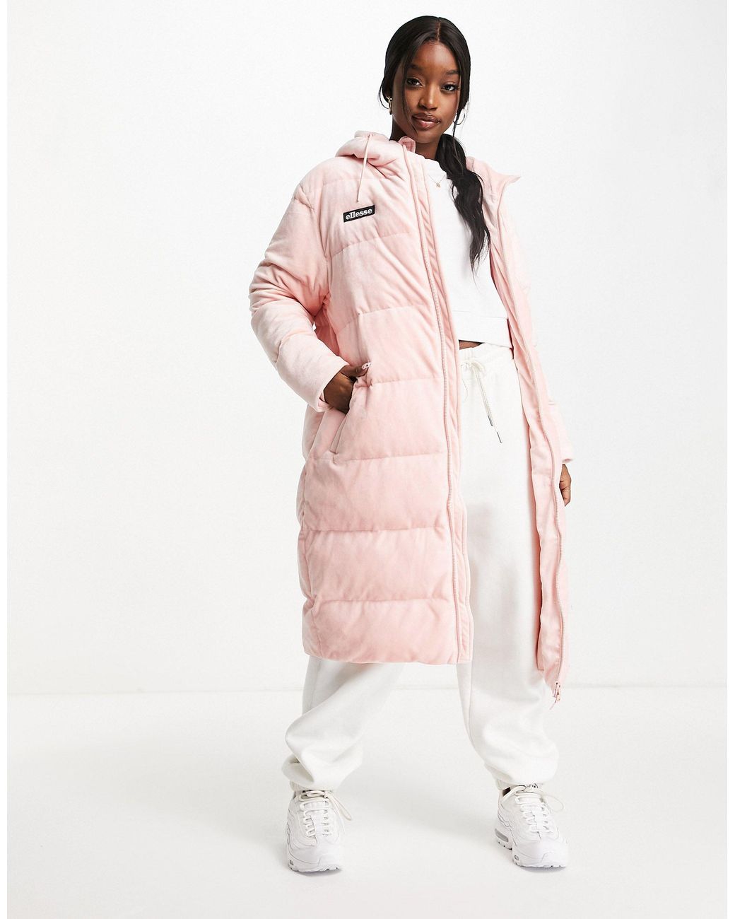 Ellesse Longline Velour Puffer Jacket in Pink | Lyst