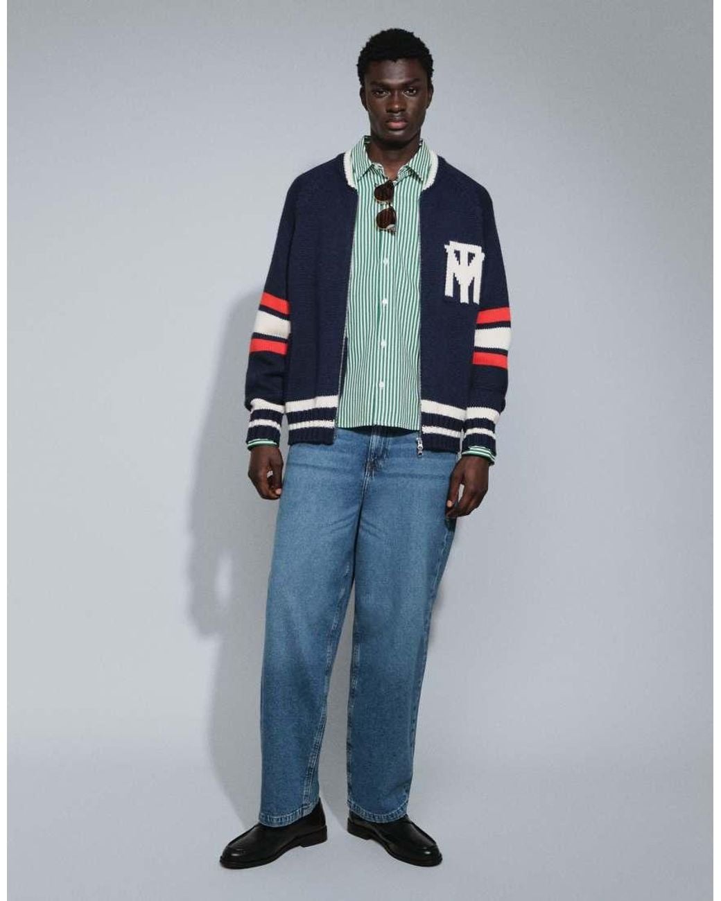Topman Blue Relaxed Fit Heavyweight Knit Varsity Cardigan for men