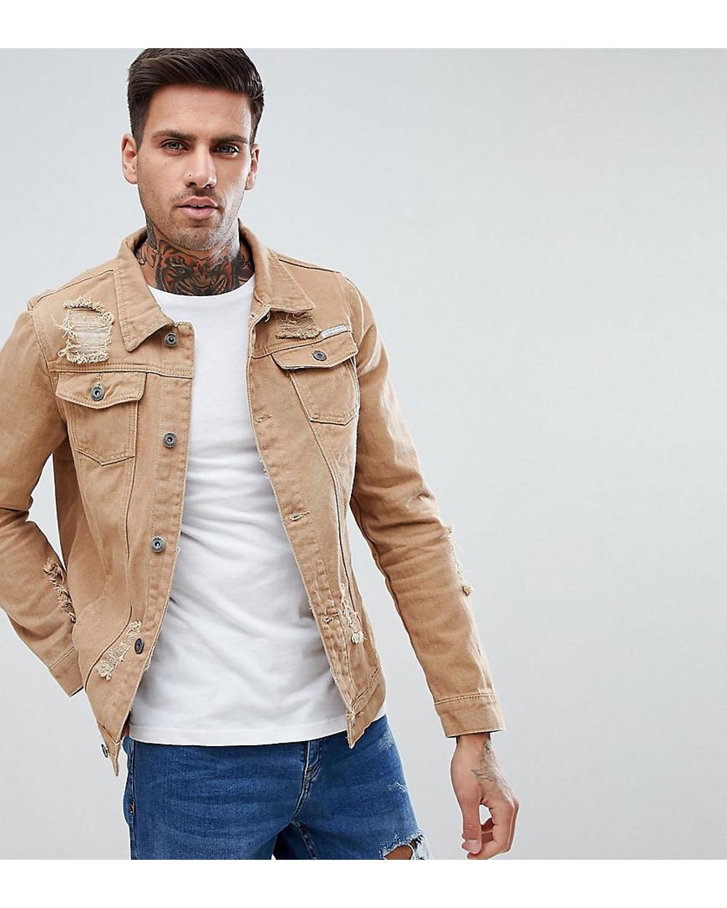 Liquor N Poker Ripped Denim Jacket Tan in Natural for Men Lyst