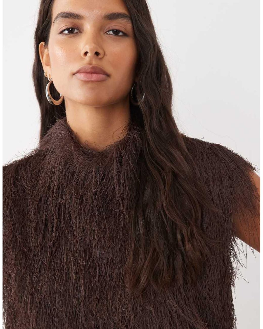 ASOS Brown Fluffy Sleeveless Funnel Mini Dress