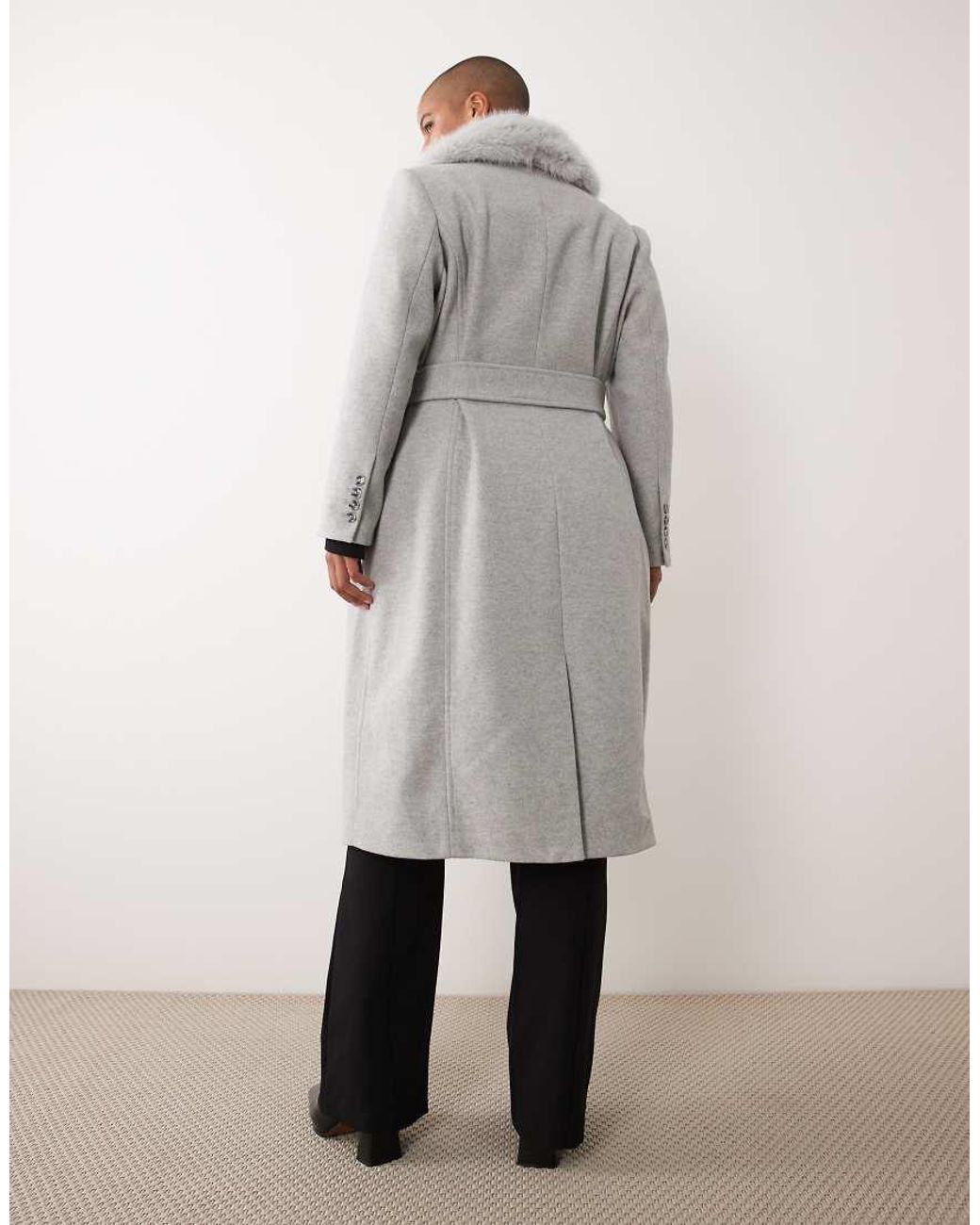 Forever New Gray Wool Feel Formal Belted Longline Detachable Faux Fur Collar Coat