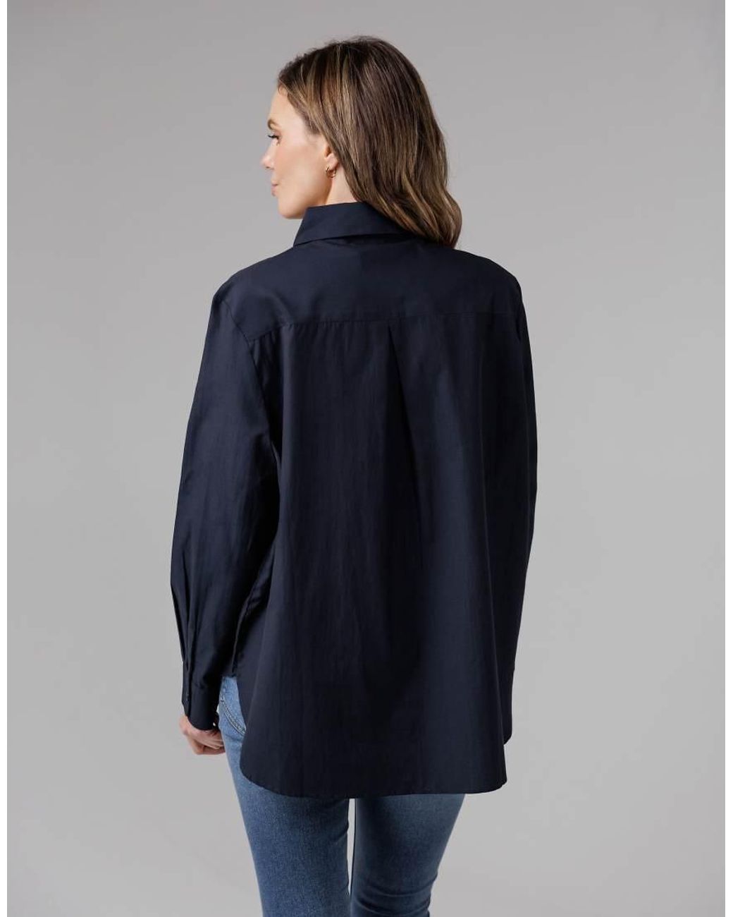 French Connection Blue Cotton Long Sleeve Chest Pocket Poplin Popover High-Low Hem Shirt