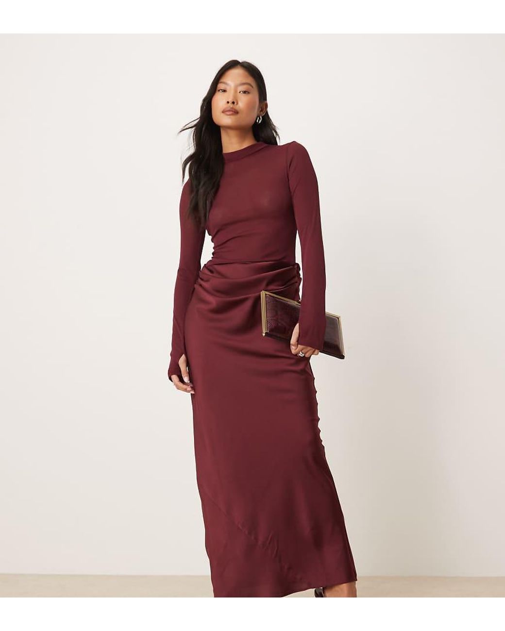 ASOS Red Asos Design Petite Sheer High Neck Bodice Drape Satin Maxi Dress