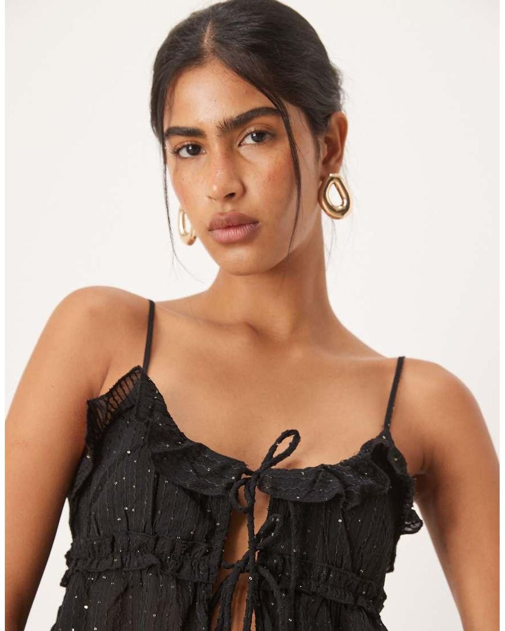 Pimkie Black Sequin Detail Ruffle Tie Front Cami Top Co-ord