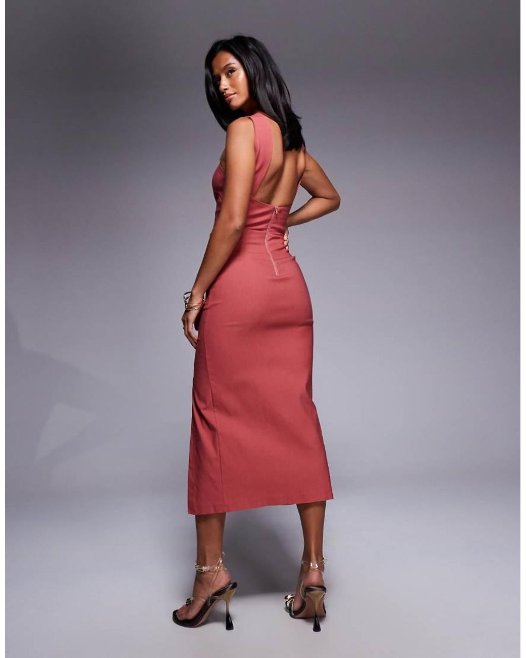 Vesper Petite Red Bengaline Twist Front Halter Neck Side Split Midaxi Dress