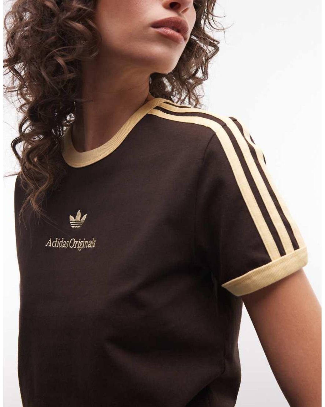 Adidas Originals Brown Three Stripe T-shirt With Central Retro Logo
