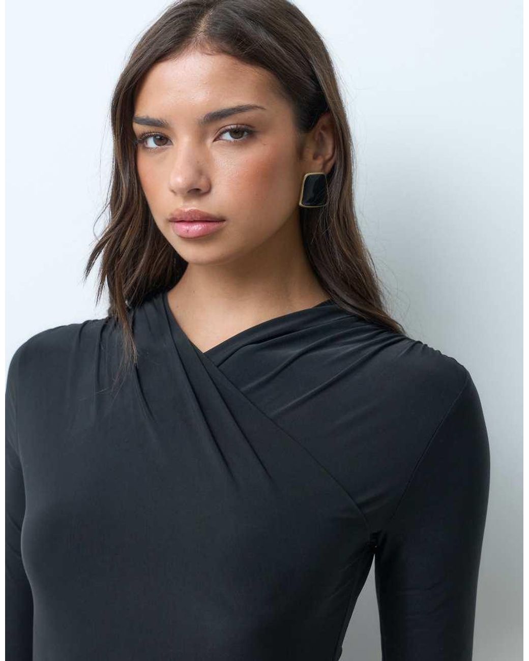 Kaiia Blue Exclusive Double Sculpted Slinky Wrap Front Detail 3/Sleeve Mini Dress