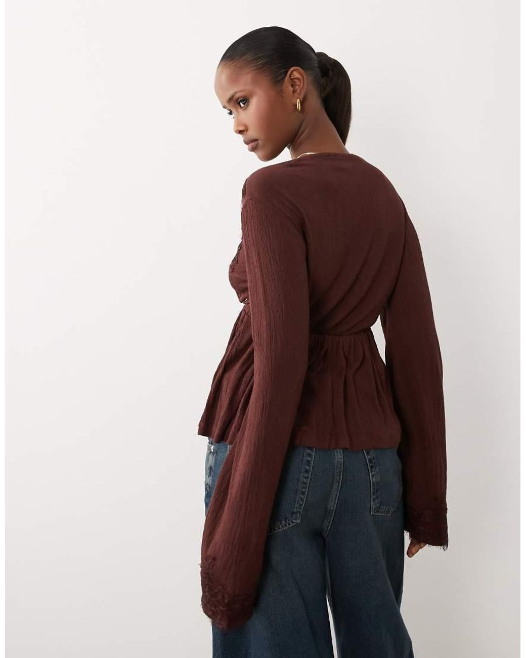 ASOS Brown Crinkle Lace Trim Plunge Top With Flare Sleeve