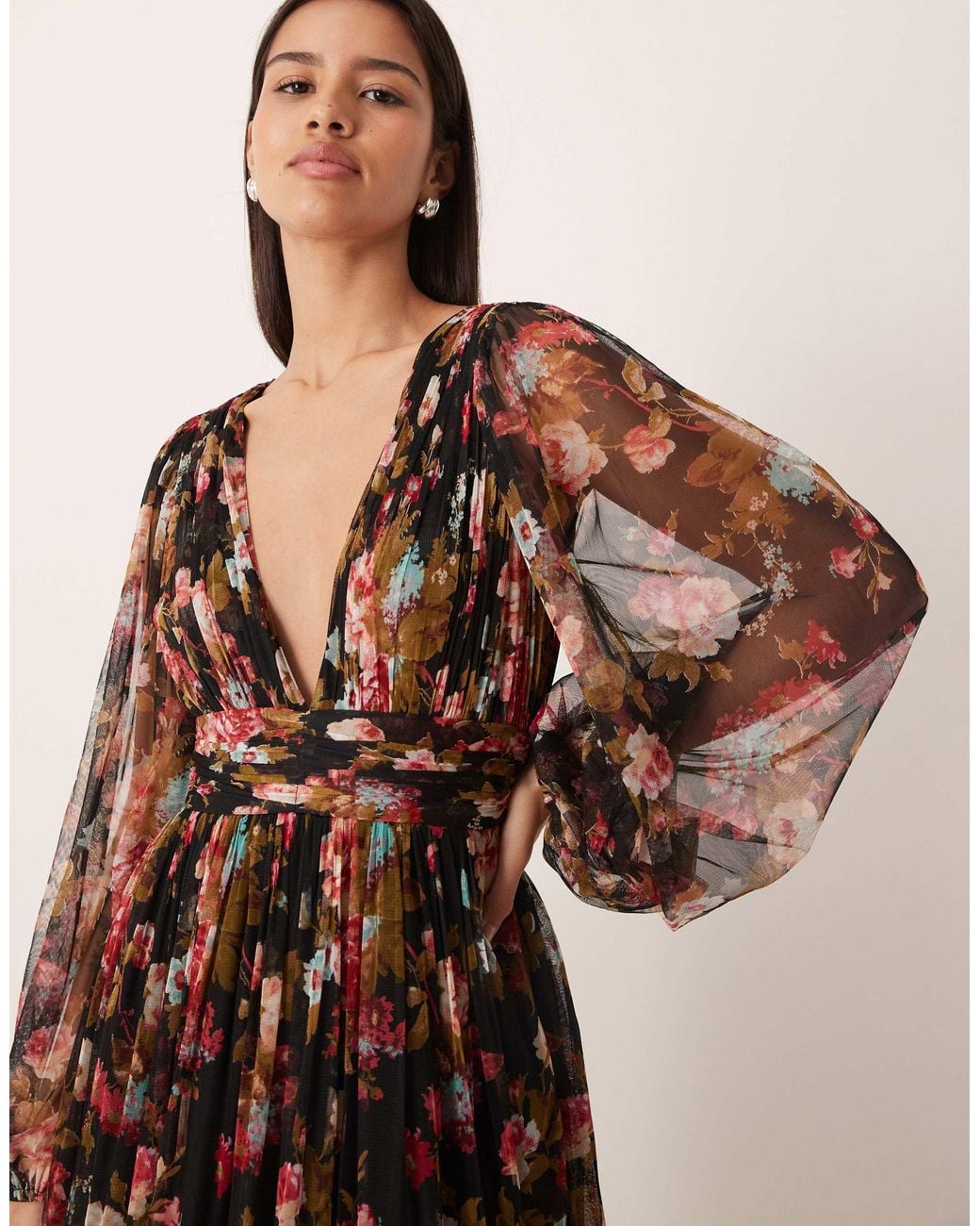 chinese dress ladies Lace V-Neck Puff Sleeve A-Line Midi Dress main image 0