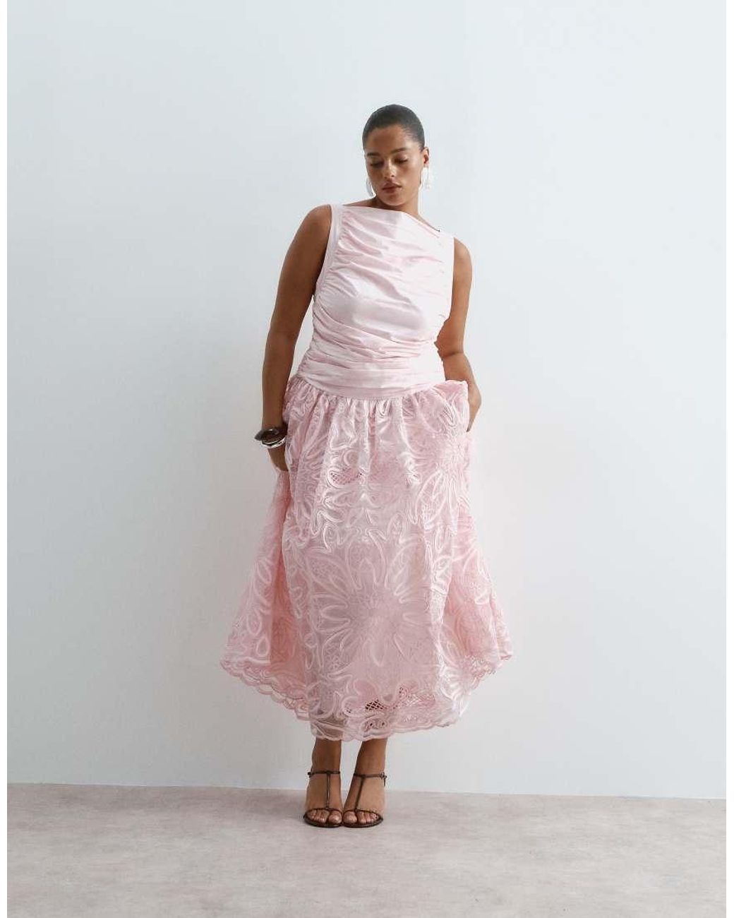 ARRANGE Pink Curve Abstract Cutwork Drop Waist Low Back Maxi Dress