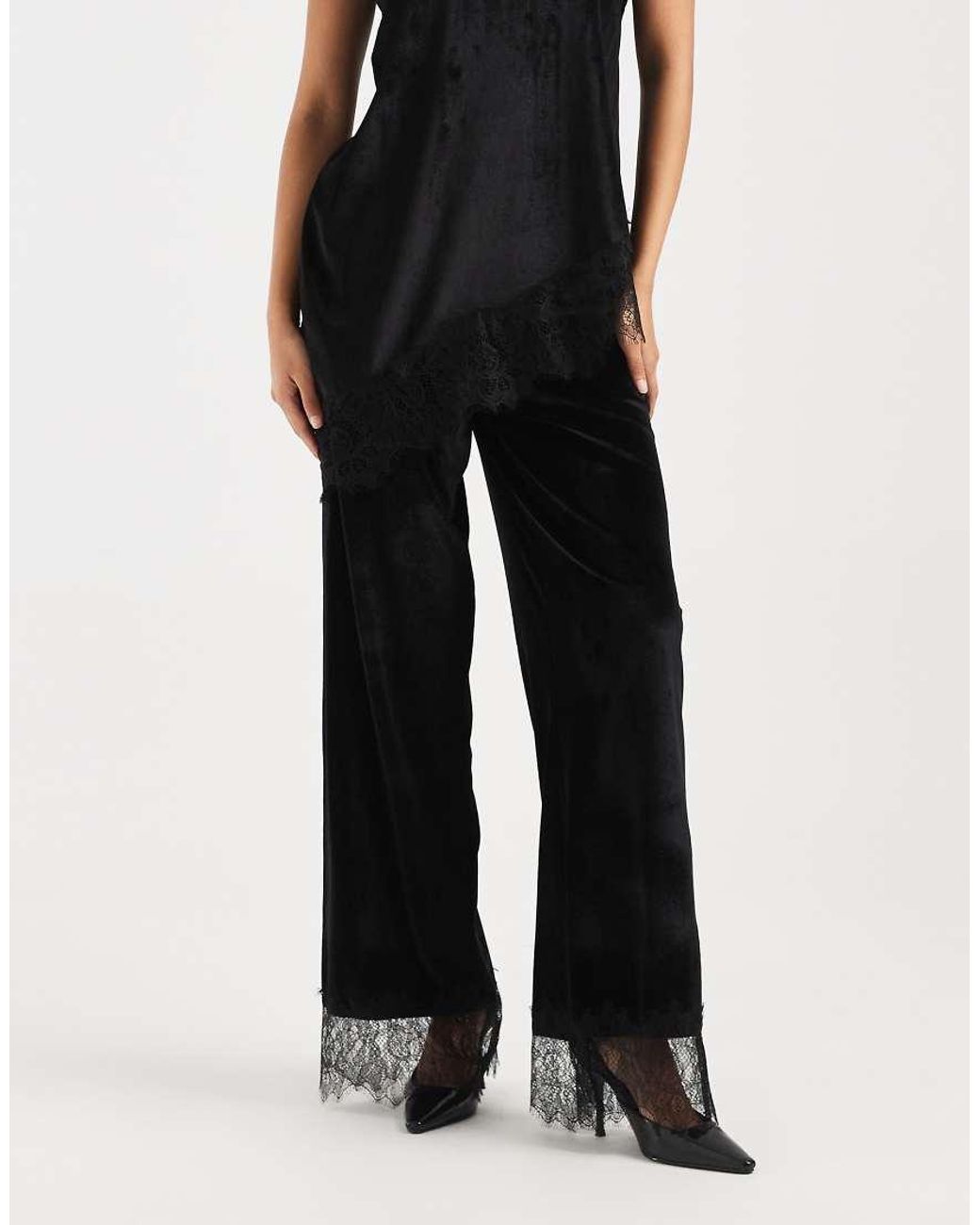 ASOS Blue Velvet Mid Rise Lace Hem Trousers Co Ord