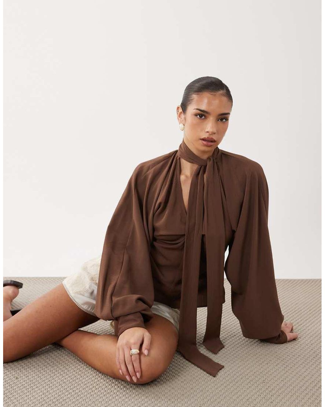 ASOS Brown V Neck Tie Detail Batwing Blouse