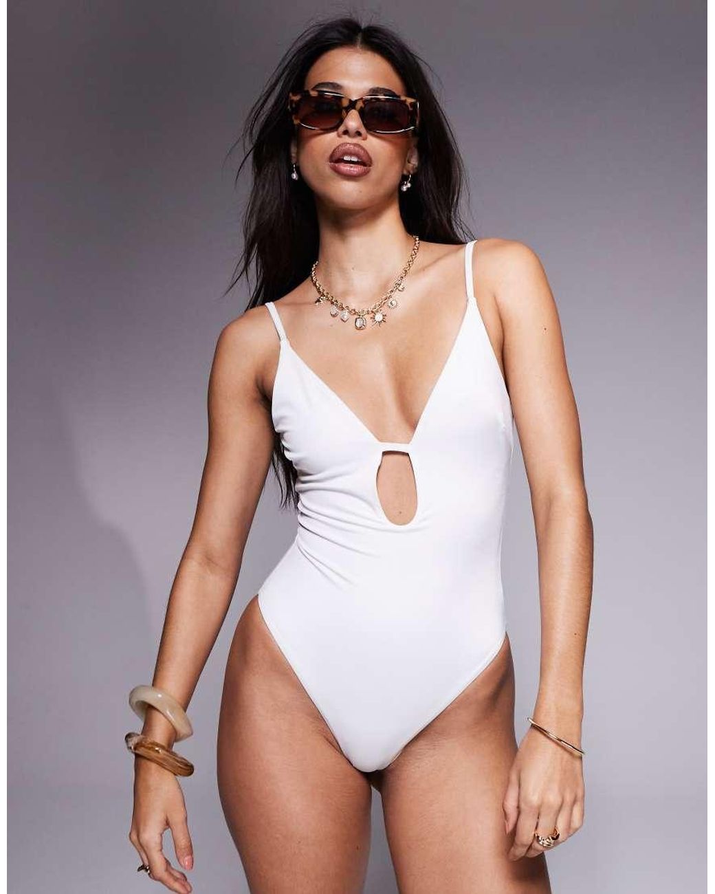 ASOS Gray Maya Cut-out Plunge Swimsuit