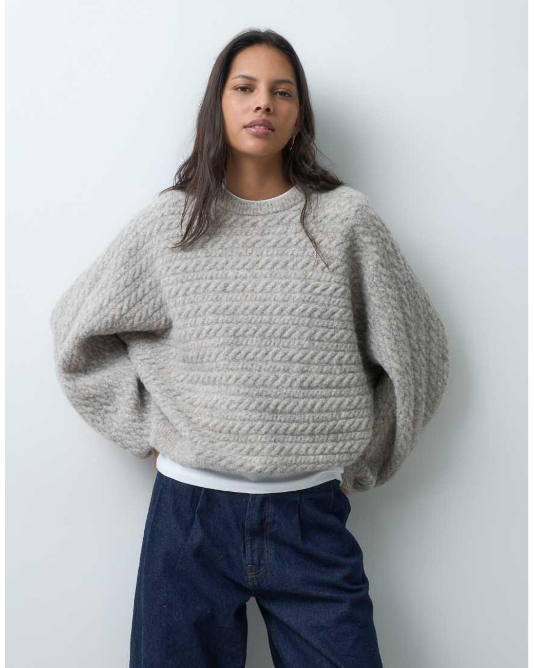 ASOS Gray Crew Neck Batwing Horizontal Cable Jumper