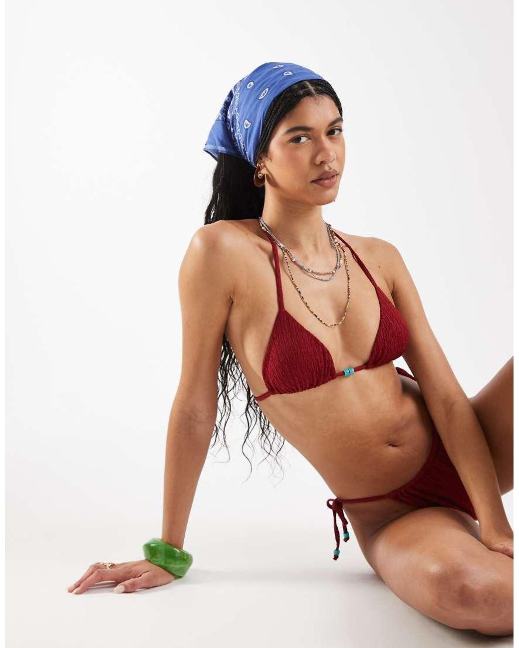 Reclaimed Vintage Red Triangle Bikini Top With Beads