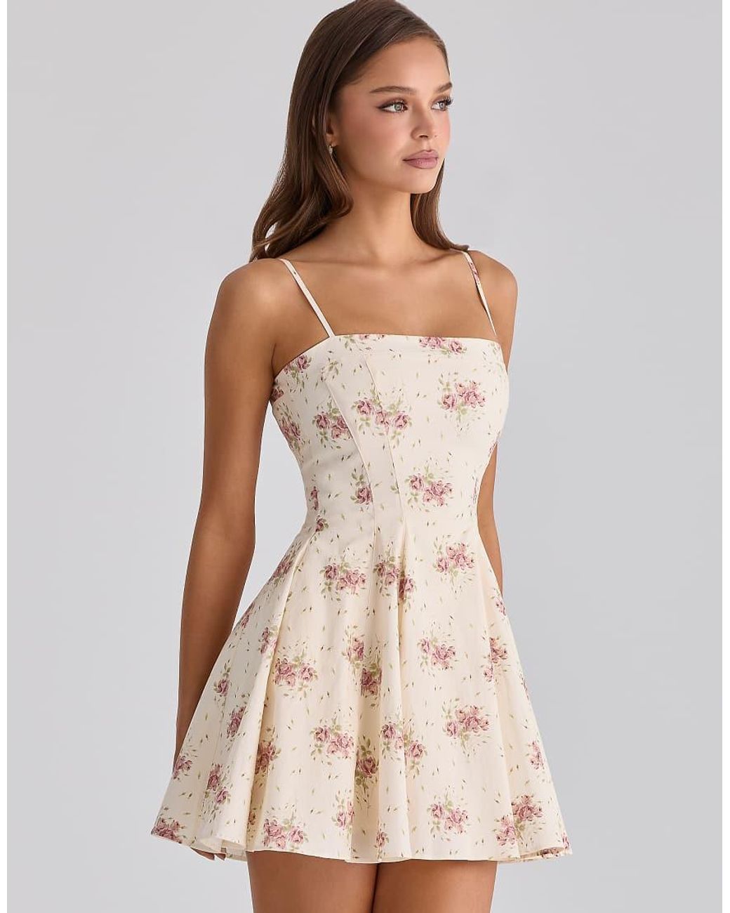 House Of Cb Natural Dolly Ivory Vintage Rose Print Cotton Flared Mini Sundress