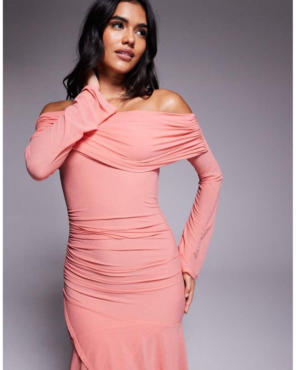 ASOS Pink Stretch Chiffon Long Sleeve Bardot Maxi Dress With Ruffle Hem