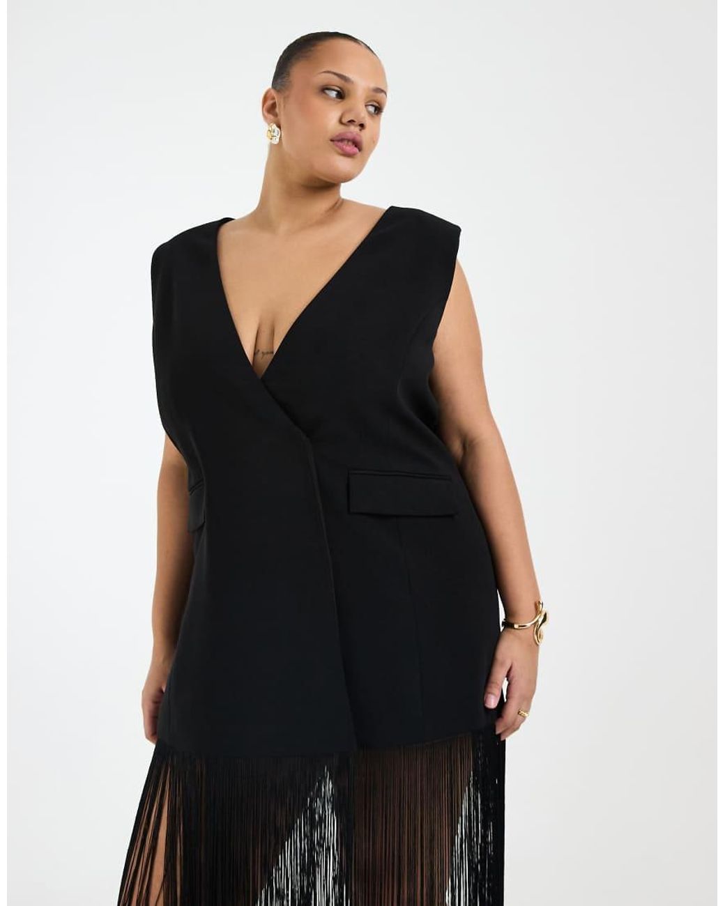 ASOS Black Curve Sleeveless Blazer With Fringe Hem