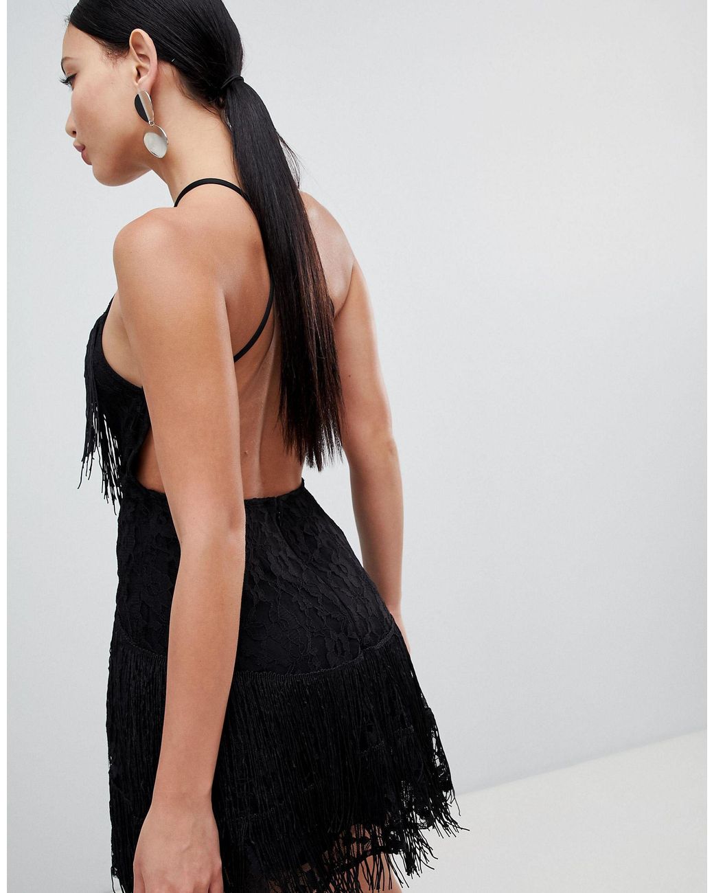 Lace trim top fringe halter dress
