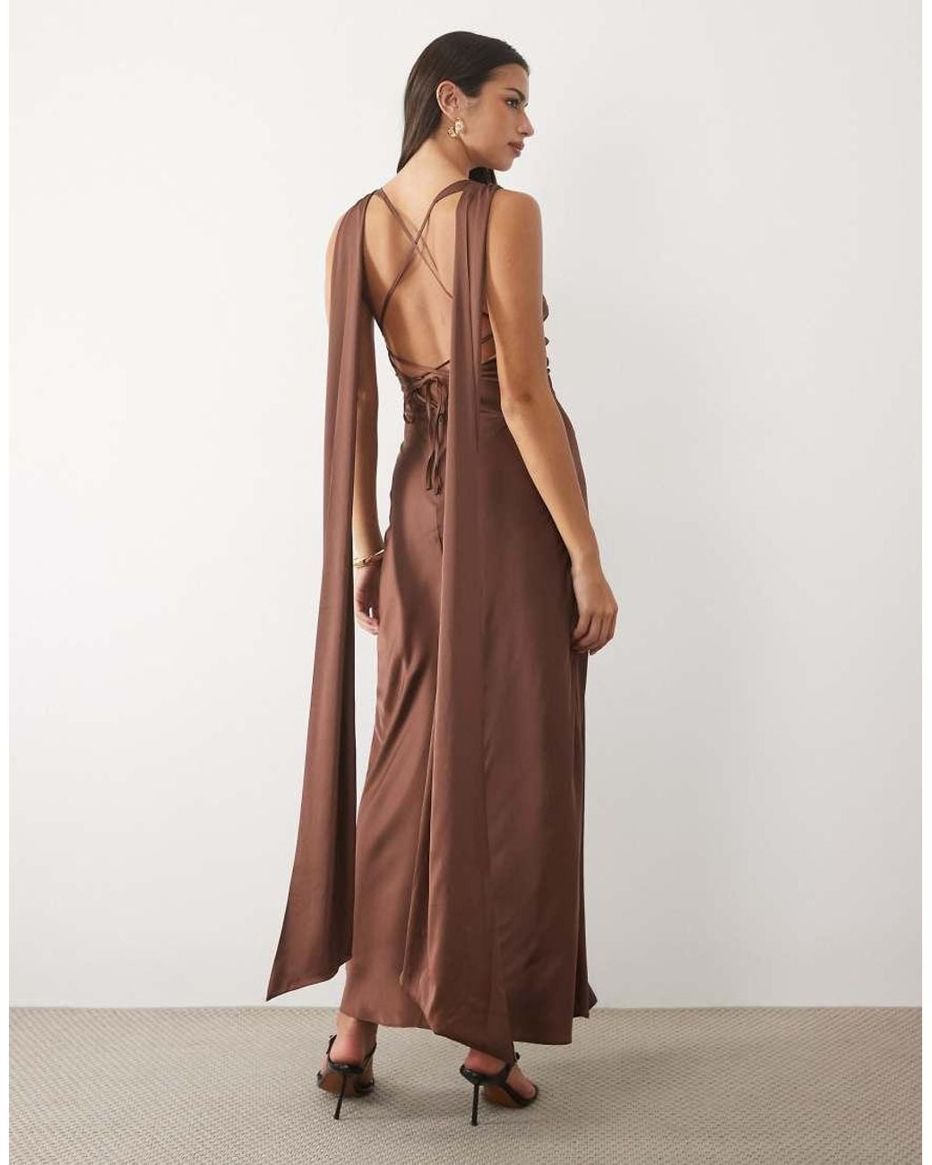 TFNC London Brown Bridesmaids Satin Plunge Neck Scarf Detail Lace Up Open Back Maxi Dress