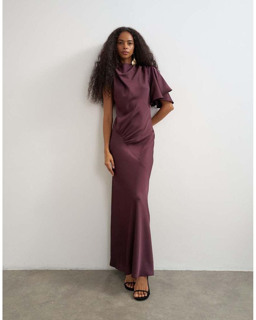 TOPSHOP Red High Neck One Shoulder Flutter Sleeve Maxi Dress