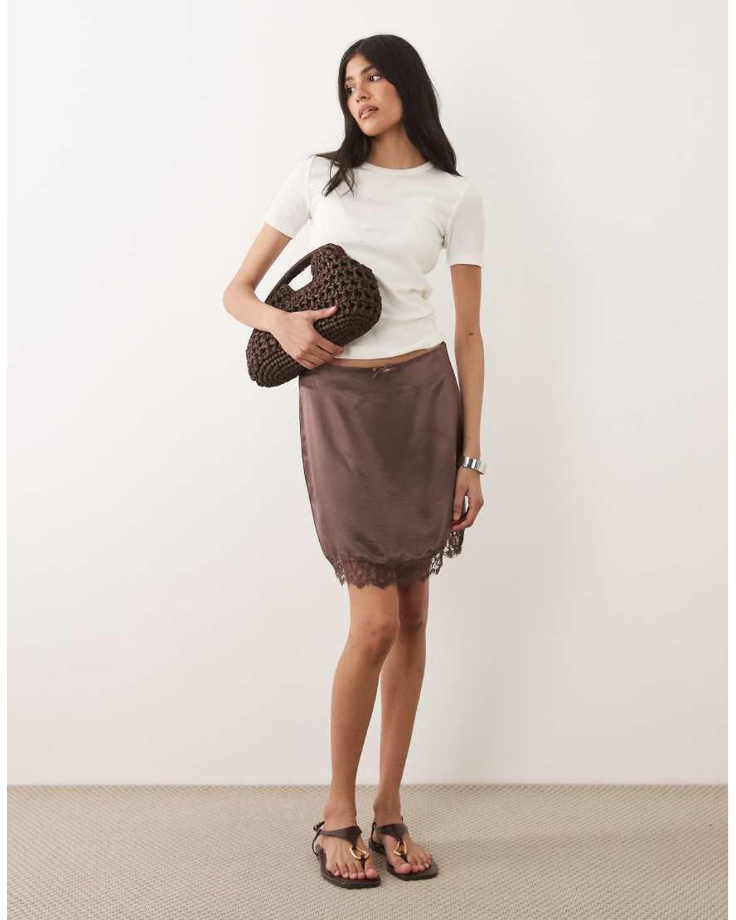 Miss Selfridge Brown Satin Lace Trim Mini Skirt