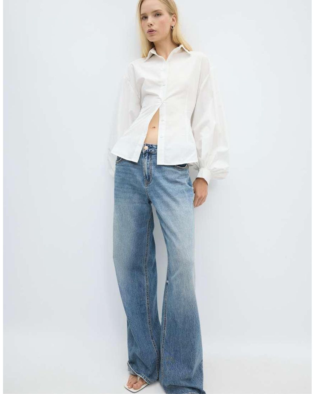 Stradivarius Blue Balloon Sleeve Poplin Shirt