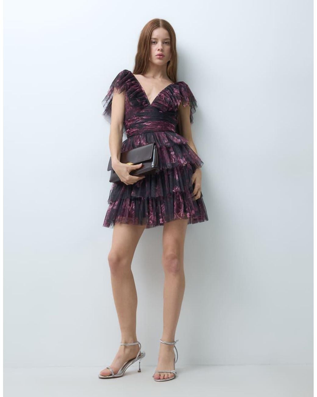 LACE & BEADS Blue Tulle Plunge Neck Tiered Skirt Mini Dress
