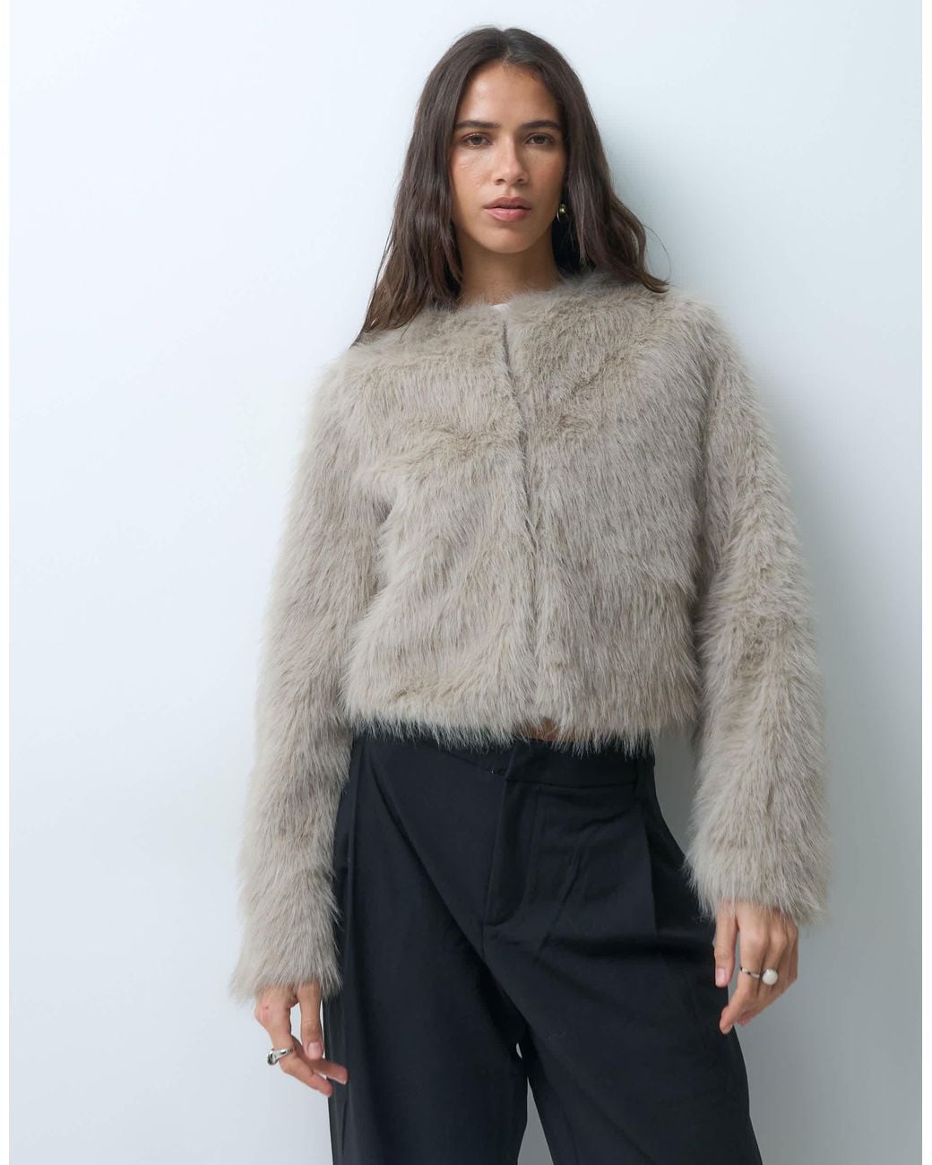 Mango Gray Faux Fur Collarless Jacket