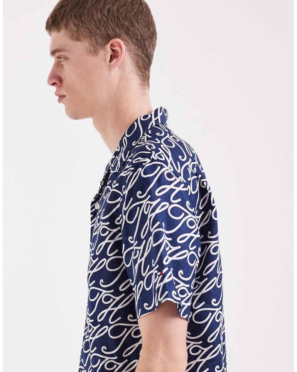 Tommy Hilfiger Blue Linen Camp Collar Short Sleeve Shirt for men