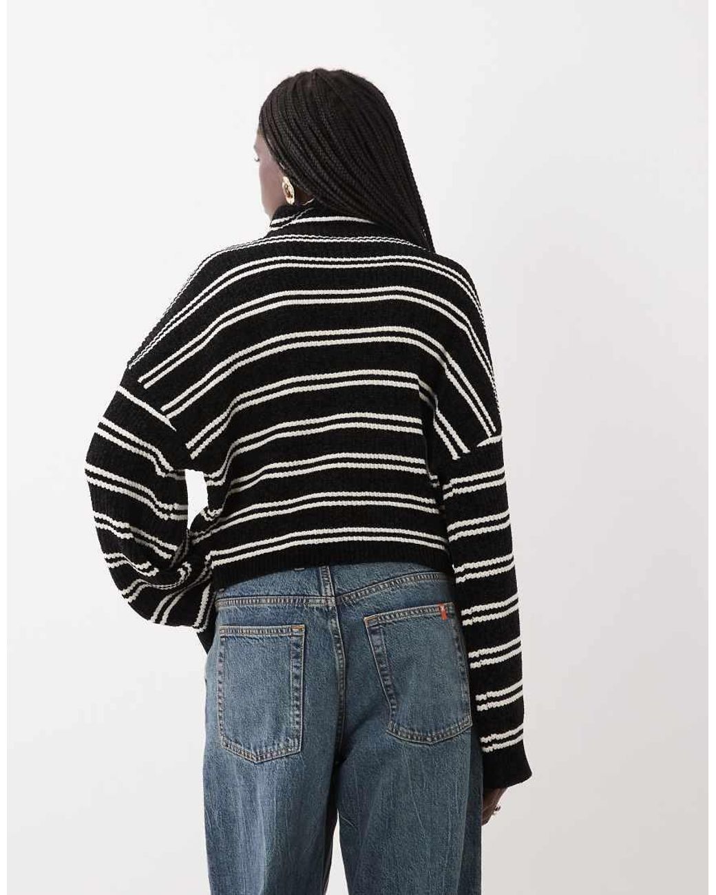 ASOS Black Funnel Neck Batwing Stripe Chenille Jumper