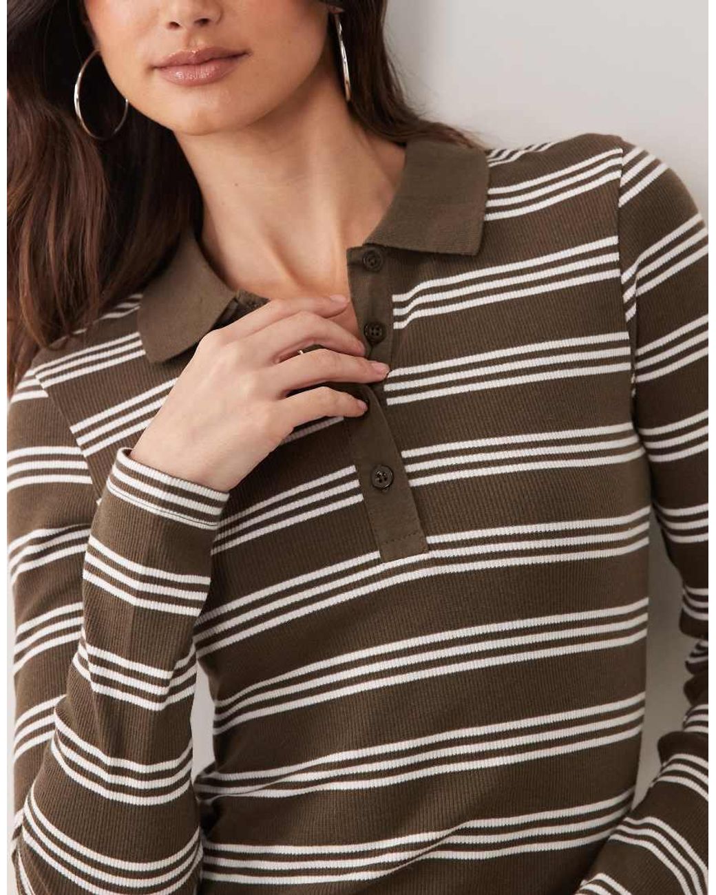 Brave Soul Brown Long Sleeve Ribbed Polo Top