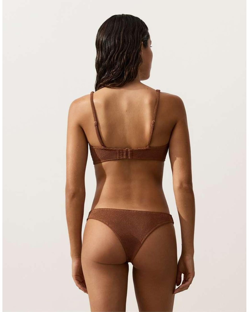 Oysho Brown U-Cut Crinkle Brazilian Bikini Briefs