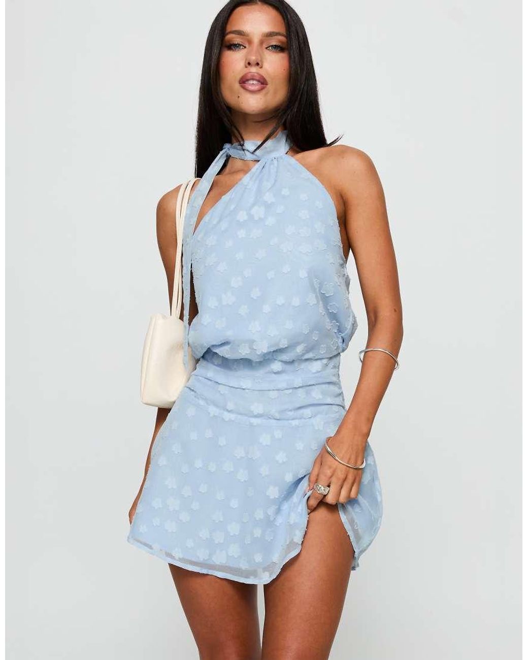 Princess Polly Blue Eurythmic Devore Floral Wrap Scarf Detail Fitted Waist Mini Dress