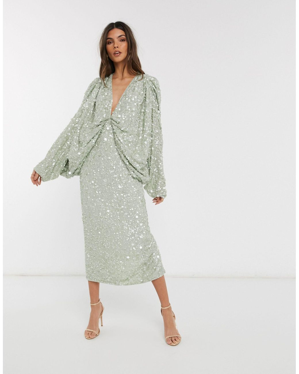 ASOS Kimono Sleeve Drape Back Sequin Midi Dress in Green Lyst