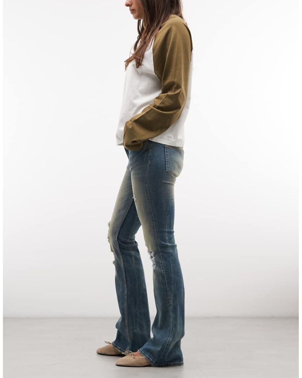 Cheap Monday Blue Booty Bei Stretch Low Rise Bootcut Jeans With Distressed Details