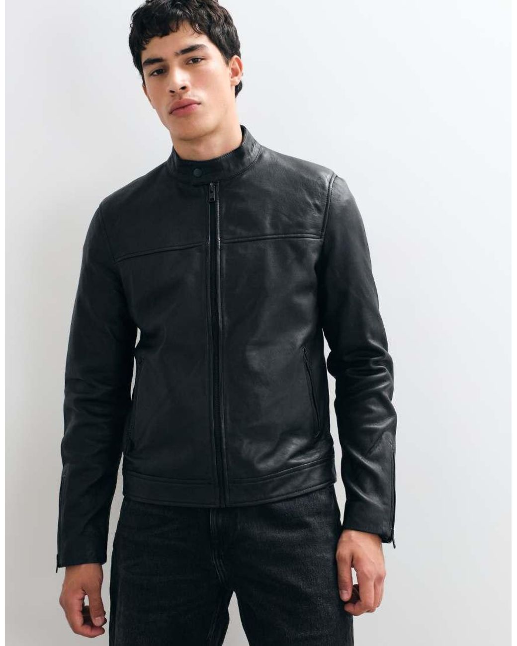 Barney's Originals Blue Real Leather Café Racer Jacket for men