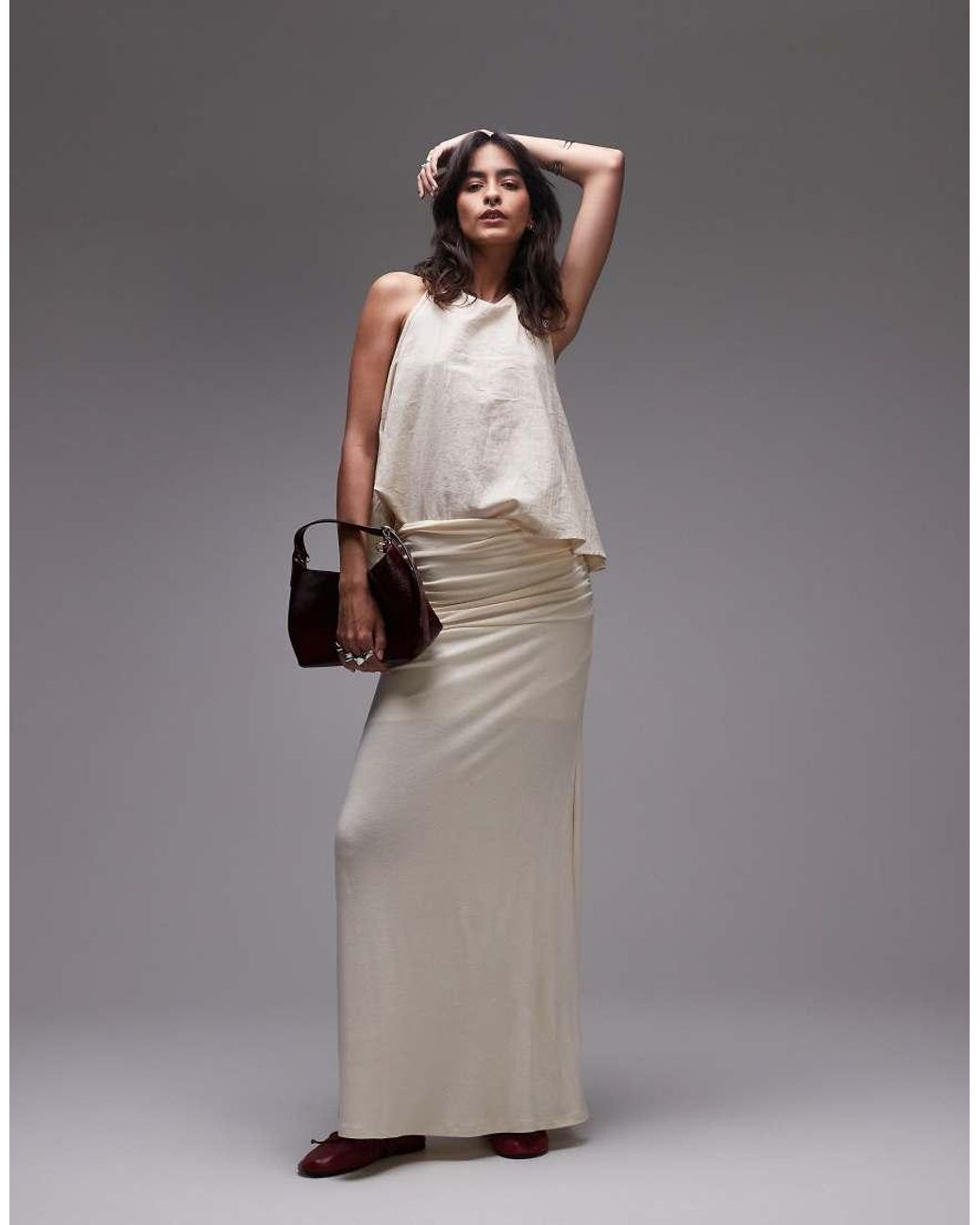 TOPSHOP Gray Ruched Waist Maxi Skirt